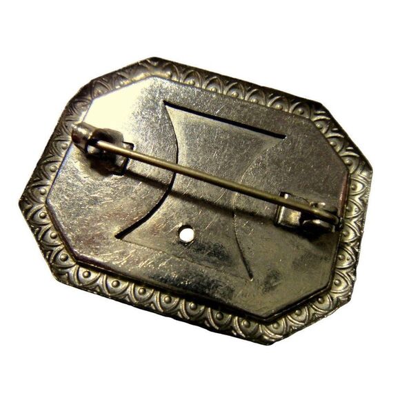 Rose Floral Etched Silver Border Handpainted Pin Octagon Brooch Vintage Estate - Picture 2 of 6